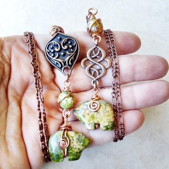 Unique Unakite Jasper Bear "Y" + Copper Necklace! 4 Wire Wrapped Beaded Sections - Picture 5 of 14